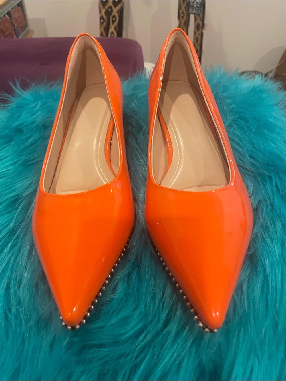 Patent Pointed-Toe Orange Kitten heel Women’s Pumps